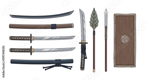 Collection of various Japanese swords and weapons including katana, wakizashi, tanto, and spear on a white background.
