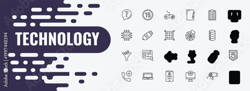 technology outline icon set. linear vector for ui, web and mobile. thin line digital number 15, antique gamepad, summary icons.
