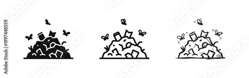 Trash Pile with Flies Icon Set in Solid Outline and Doodle Styles