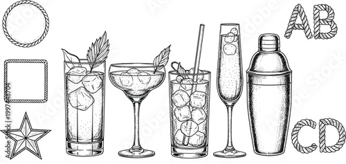 Hand-drawn Illustrations of Cocktails, Glassware, and Drink Accessories