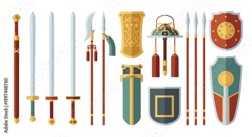 Flat lay of various medieval weapons and shields with gold accents on a white background.