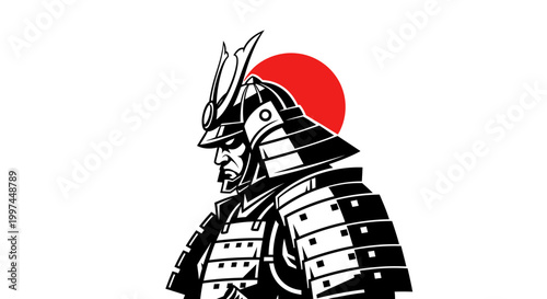 Fotografía Warrior in traditional samurai armor stands against a rising sun