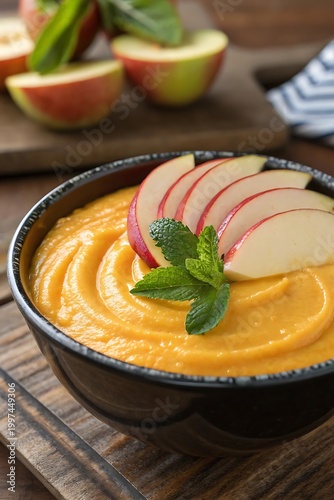 Delicious autumn harvest a vibrant pumpkin soup with fresh apple garnish
