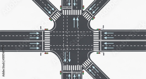 Complex Road Intersection with Multiple Lanes and Crosswalks.