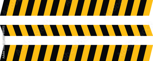 Diagonal yellow and black hazard warning tape with directional arrows. Construction site barricade ribbon for safety and traffic alert management.