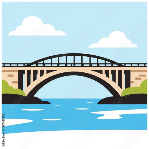 Arch bridge crossing a wide blue river under a clear sky with clouds.