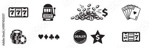 Casino icon set. Casino and Gambling Icon Set. Vector Slot Machine, Poker Cards and Jackpot Symbols. Vector Illustration