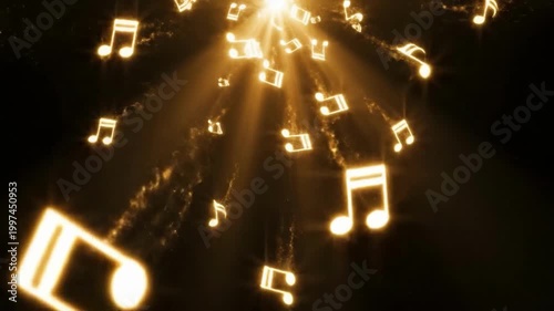 Light shines through music notes in a dark space at night