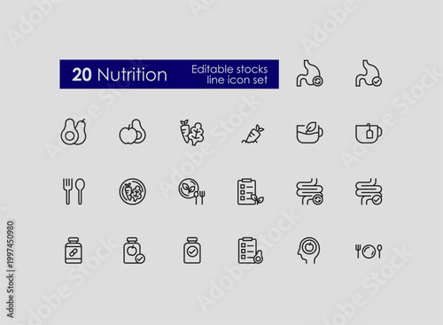 20 Nutrition Icon Set - Line Art Style.
A set of 20 nutrition-themed line art icons including fruits, vegetables, vitamins, meal planning, and digestive health. Clean outline style.
