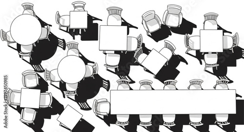 Top view of a formal dining table setting with chairs and plates.