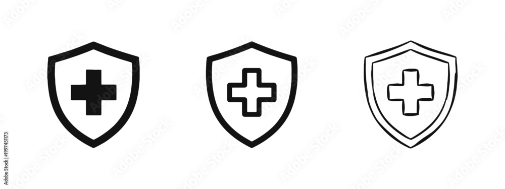 Fototapeta premium Medical Shield with Cross Icon Set - Health Protection and Insurance Concept