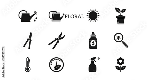 Gardening Tools and Plant Care Icons Collection.