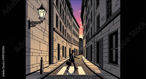 Person crossing a street in a European city at sunset.