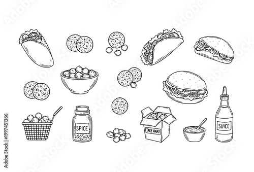 Hand drawn falafel outline icon collection with organic food elements in minimalist line style