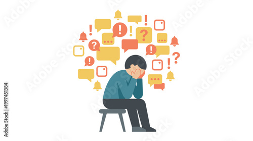 Man sitting with thought bubbles.