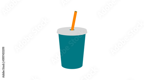 Teal plastic cup with straw.