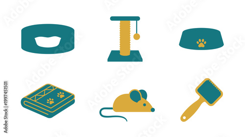 Set of six flat vector icons for cat care and accessories.