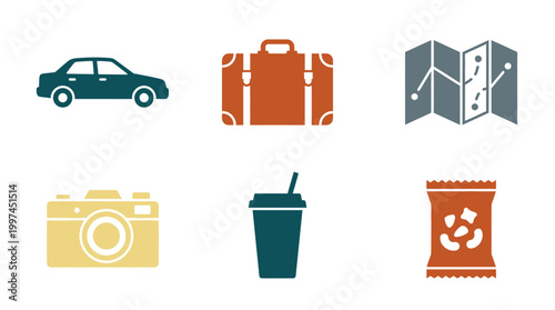 Set of travel and vacation icons including car luggage map camera coffee and snacks.