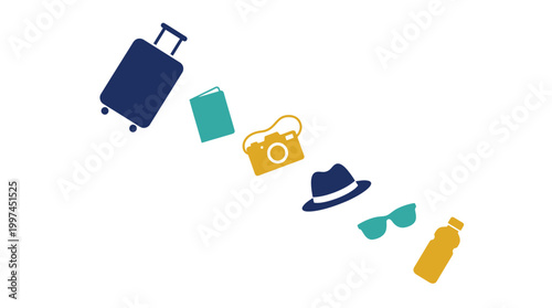 Set of travel essentials flat icons isolated on white background.