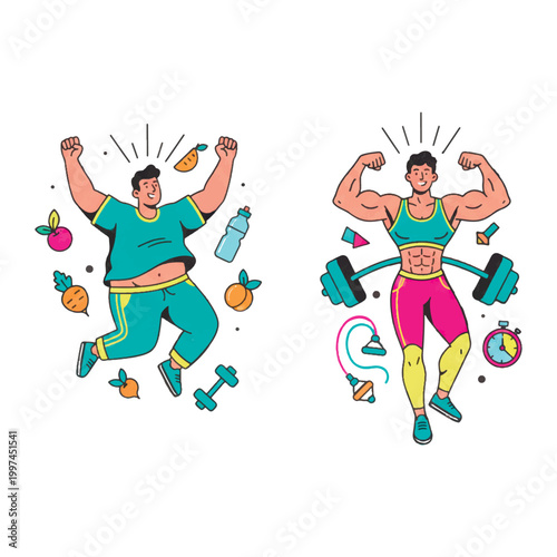 Vector illustration of a mans fitness transformation. A joyful guy before and after weight loss, evolving from overweight to a muscular athletic body with healthy food and gym equipment.