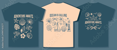 Pastel feminine nautical t-shirt design collection. Hand-drawn doodle phrases and coastal adventure prints with coquette aesthetic for casual summer wear.