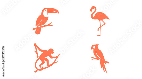 Colorful silhouettes of tropical birds standing.