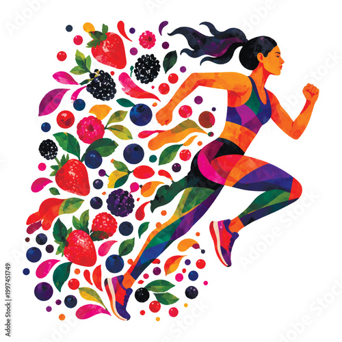 Vibrant watercolor illustration of a fit woman running, leaving a trail of fresh berries. Represents healthy lifestyle, weight loss, and energy through clean eating and regular exercise.