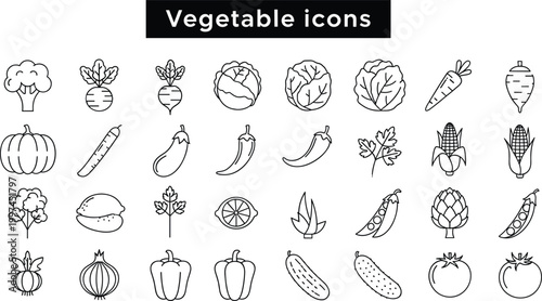 Hand-Drawn Vegetable Icons Set Featuring Broccoli, Carrot, Tomato, Pepper, Corn, Onion, and More for Organic and Healthy Designs
