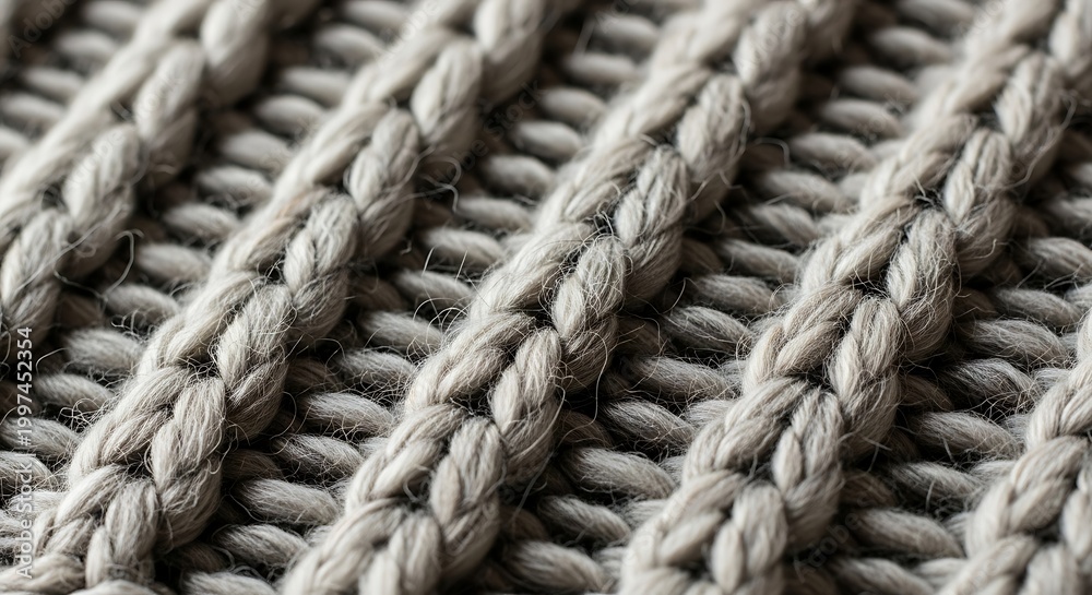 Fototapeta premium Close-up of a thick, braided knit texture in a neutral, light gray yarn