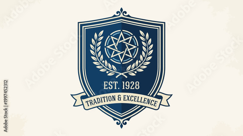 Vintage emblem featuring a shield design with a laurel wreath, established in 1928, symbolizing tradition and excellence