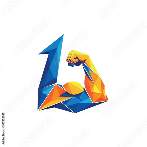 Dynamic polygonal design representing a strong bicep arm flexing, symbolizing power, fitness, and being number one in a vibrant geometric style