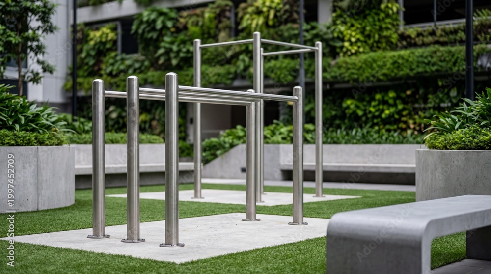 Fototapeta premium Modern Outdoor Fitness Area with Stainless Steel Calisthenics Bars and Lush Vertical Green Wall in an Urban Park