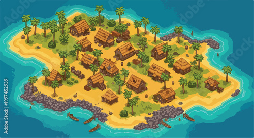 Isometric pixel art tropical island village, retro 8-bit game map with wooden huts and palm trees, coastal beach settlement vector illustration
