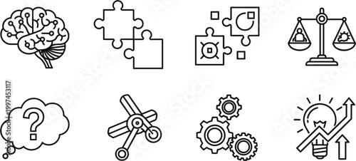 Flat business strategy vector icon set with vibrant innovation and growth symbols for startup pitch deck design.