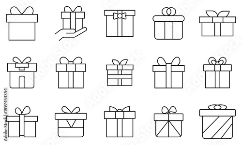 Set of gift box icon. Out line icon of surprise gift, present gift, Christmas gift box icon. Vector illustration.
