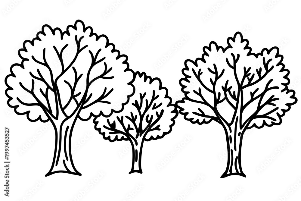 Obraz premium Simple black and white vector illustration graphic design of three deciduous trees standing together in a stylized manner