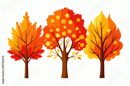 A vibrant vector illustration graphic design showcasing three distinct autumnal trees with colorful leaves, perfect for seasonal fall designs and nature themes.