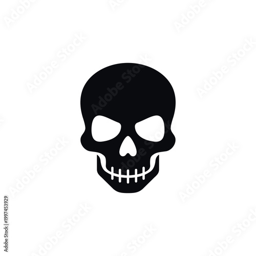 Minimal black skull icon isolated on white background. Flat vector style symbol representing danger, death, Halloween, toxicity or warning sign. Clean bold design suitable for logos, stickers