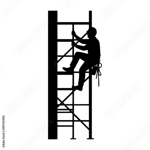 Silhouette of a Construction Worker Climbing Scaffolding