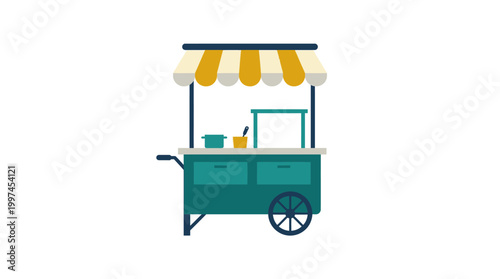 Green food cart with yellow awning.