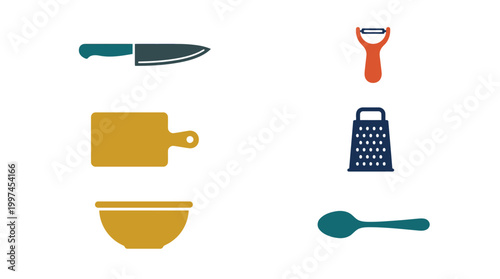 Set of colorful kitchen utensil icons for cooking and food preparation.