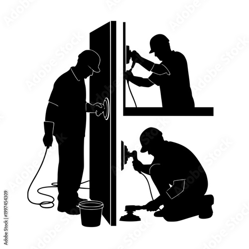 Silhouettes of workers using power sanders and polishers on walls and floors