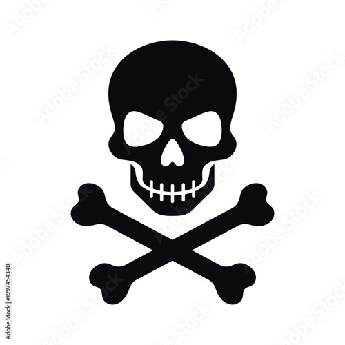 Minimalist skull and crossbones icon in black silhouette isolated on light background. Classic danger symbol representing poison, piracy, warning, death, hazard, and toxic materials design.