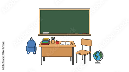 Classroom desk with chair and globe.