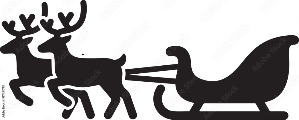 Fototapeta premium Christmas reindeer, sleigh silhouette, black icon, winter symbol, holiday graphic