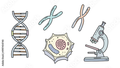 Science Exploration: A graphic representation of the building blocks of science, featuring a DNA strand, a cell, chromosomes, and a microscope.