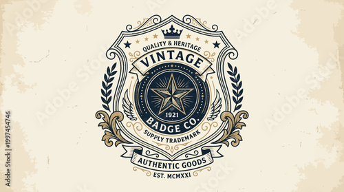 Vintage badge design featuring a star and ornate decorations, symbolizing quality and heritage