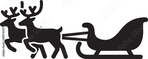 Christmas reindeer, sleigh silhouette, black icon, winter symbol, holiday graphic