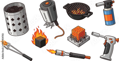 Fire and Heating Equipment Icon Set Featuring Charcoal, Grills, Heat Guns, and Torches for Cooking, Industrial, and Outdoor Illustrations