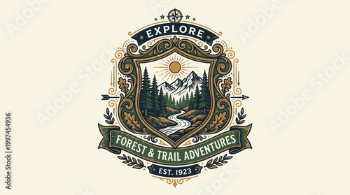 Foto Vintage-inspired emblem showcasing a sunlit forest landscape with mountains and